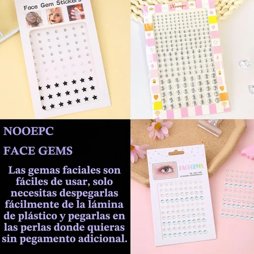 Vista 2 de NOOEPC Gemas faciales para el cabello, joyas autoadhesivas para la cara, joyas de ojos, diamantes de imitación para la cara, gemas para el rostro