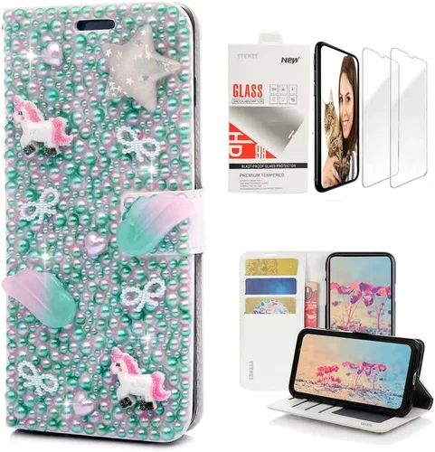 Vista 3 de Bling Wallet - Funda para teléfono compatible con iPhone 15, elegante, hecha a mano en 3D, con cristal de pavo real, magnética, de cuero, para niñas