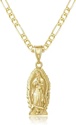 Vista 8 de Regalo católico, collar de Virgen María para mujer, chapado en oro de 14 quilates, collar con colgante de Guadalupe Madre María, circonita cúbica