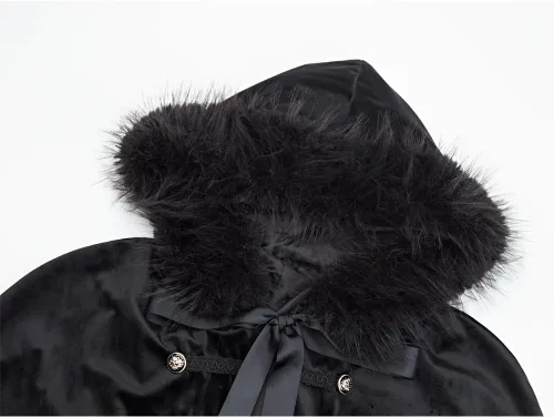 Vista 5 de Capa gótica unisex con capucha y cuello de piel medieval renacentista, disfraz de Halloween Negro