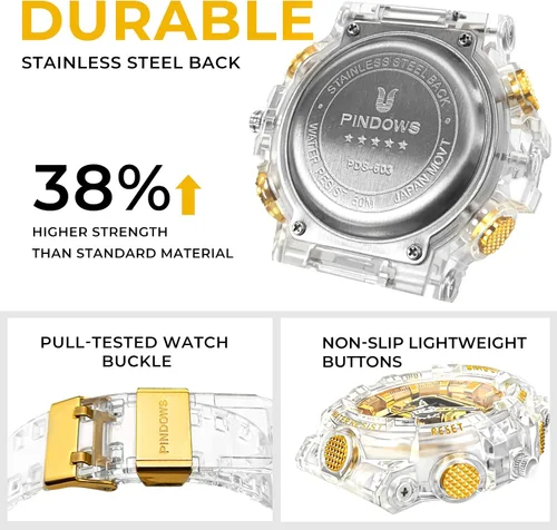 Vista 7 de Relojes PINDOWS para hombre, transparente dorado, analógico digital, doble hora, 50M resistente al agua, retroiluminación LED, multifuncional