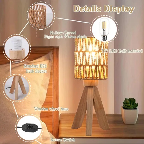 Vista 3 de Lámpara de mesa con trípode regulable, pequeña lámpara bohemia de mesita de noche para dormitorio con pantalla de tela de ratán, bonita lámpara