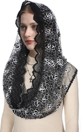 Vista 3 de Mantveil Velos de Iglesia Católica para Mujeres Vintage Negro Blanco Rosa Floral Encaje Mantilla Capilla Velo Latino Mass Head Coverings