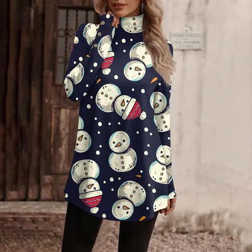 Vista 5 de Christmas Shirts for Women, Women's Casual High Neck Shirt Button-Down Loose T-Shirt Christmas Print Long Sleeve Tops