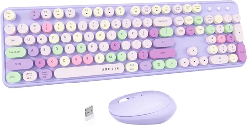 Vista 12 de UBOTIE Teclado inalámbrico colorido para computadora y mouse óptico, teclas flexibles, teclado de tamaño completo de oficina, conexión sin