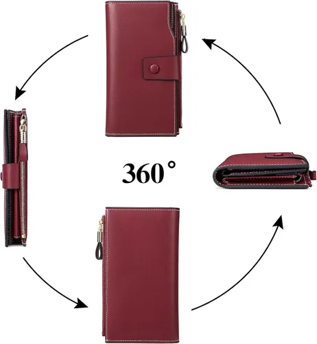 Vista 5 de SENDEFN Carteras de cuero para mujer, con bloqueo RFID, tarjetero con bolsillo con cremallera, rojo (3-red), Cartera de gran capacidad