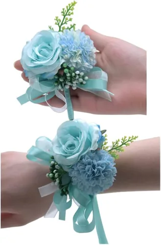 Vista 7 de Rikyo Juego de 2 ramilletes de muñeca de flores de rosas y flores de seda para novia y novio, decoración de pasteles y fiestas (verde negruzco)