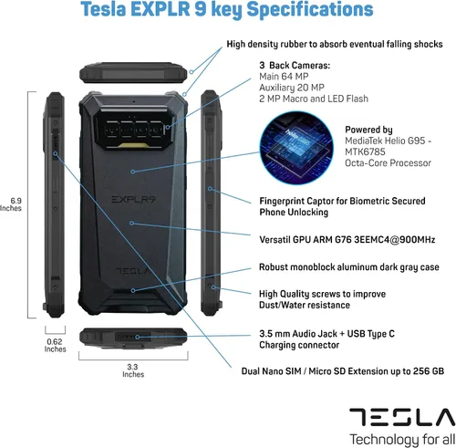 Vista 2 de TESLA EXPLR 9 128GB Smartphone Teléfono resistente Teléfono celular Android DualSIM y MicroSD expandible Batería de 8300 mAh Resistente a