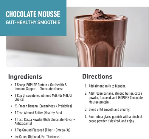 Vista 7 de Isopure Proteína + Polvo de salud intestinal y apoyo inmune, mousse de chocolate, 25g de proteína de suero con prebióticos y vitaminas, 12 porciones