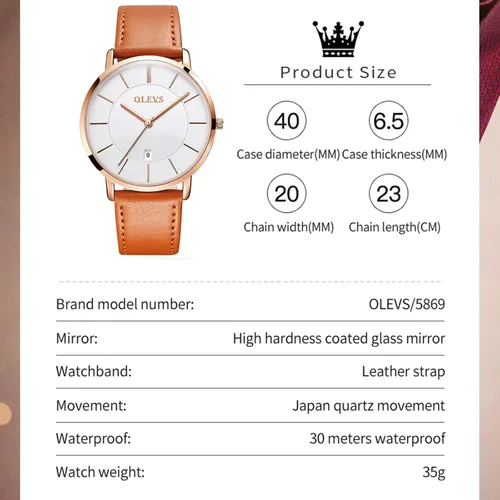 Vista 6 de OLEVS Reloj para hombre de lujo ligero de cuero impermeable con movimiento japonés para hombre con fecha calendario minimalista ultrafino clásico