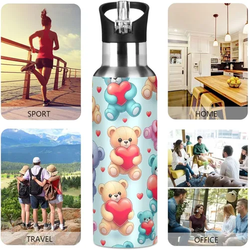 Vista 5 de Insulated Water Bottle 32 Oz, BPA-Free Sports Water Bottle with Straw for Gym Outdoor Travel School, Cute Bears Red Hearts