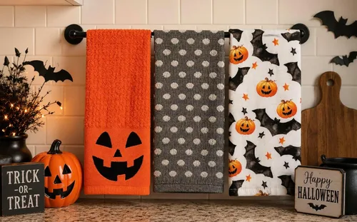 Vista 9 de Haunted - Juego de toallas de mano de cocina de Halloween: Jack O' Lantern Orange Terry Loop, lazo de rizo de punto blanco elevado, diseños