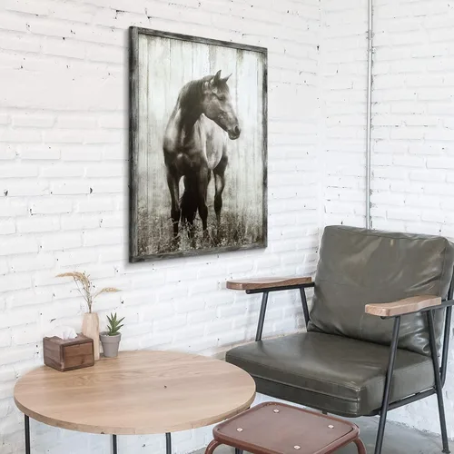 Vista 4 de artopia Arte de Pared de Granja de Caballo de Madera: Decoración de Caballo Gris Rústico de Granja Pintura de Retrato de Vida Silvestre