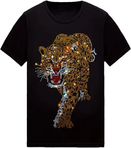 Vista 36 de HZCX FASHION Camiseta con strass brillante para Hombres y Mujeres, manga corta, con pedrería, para festivales de rock, con gemas, de algodón