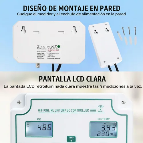 Vista 9 de Monitor inteligente 3 en 1 de pH, EC y temperatura de calidad del agua con control de aplicaciones: probador continuo en línea para hidroponía