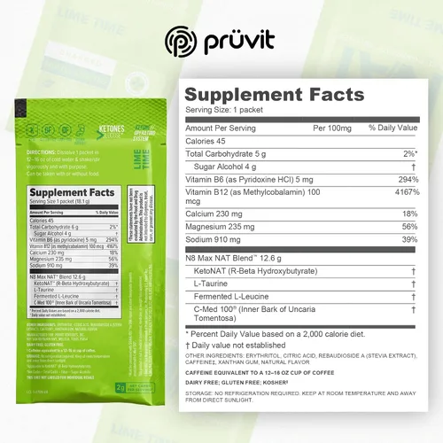 Vista 2 de Pruvit Keto/ OS NAT - Lime Time - Cetonas terapéuticas puras cargadas con C-Med 100, mezcla multipatentada, sin sabores artificiales, 20 sobres
