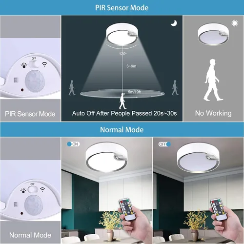 Vista 2 de Lightess Luces de techo LED con sensor de movimiento, funciona con pilas, moderna luz regulable con control remoto, para dormitorio, baño, armario