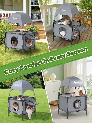 Vista 8 de Rywell Casa elevada para gatos al aire libre de 2 niveles con toldo, plataforma elevada de varios niveles, casa exterior para gatos con malla