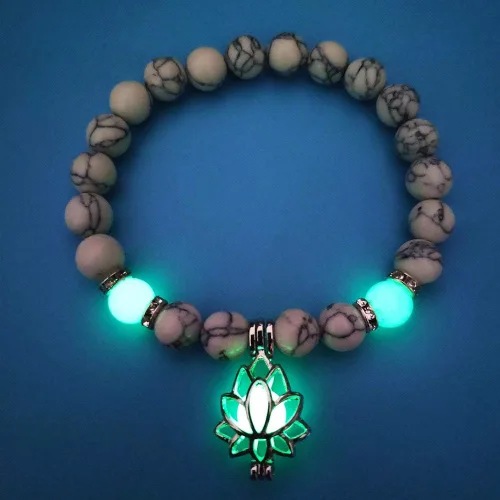Vista 8 de Pulsera luminosa con forma de flor de loto que brilla en la oscuridad para mujer, piedras turquesas naturales, joyería de oración de yoga, Metal