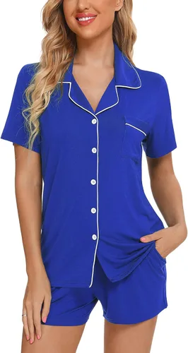 Vista 2 de Anjue Womens Pajamas Set Short Sleeve Sleepwear Button Down Nightwear Shorts Soft Pj Sets S-XXL