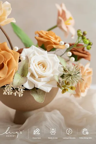 Vista 3 de Ling's moment Caja de flores falsas, tallos de vegetación artificiales artificiales, rosas de espuma, dalia, gardenia, tulipán, flor fábica de seda