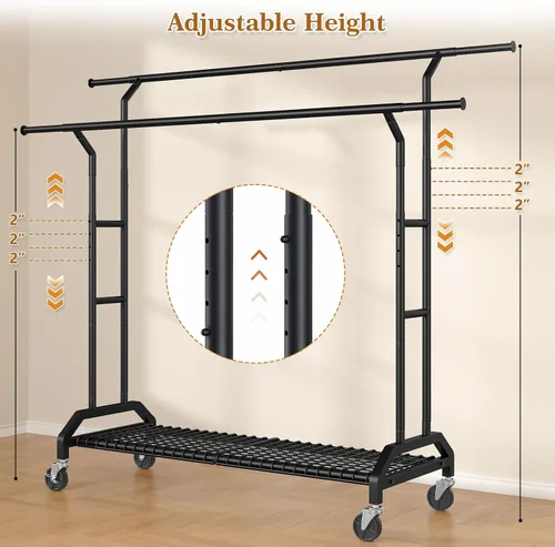 Vista 4 de Wiracks Perchero de ropa resistente doble con capacidad de 450 libras, ruedas industriales de 3", 51"-71" L X 19.7" D X 73"-79" H, perchero de ropa