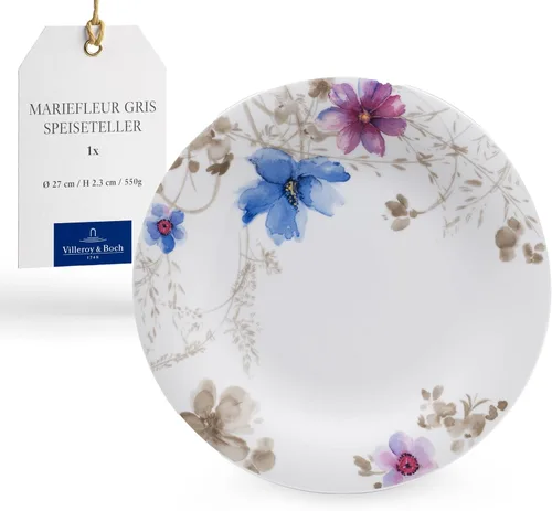 Vista 10 de Villeroy & Boch Mariefleur Gris Basic Breakfast - Plato redondo de porcelana premium con una decoración de flores juguetona, apto para lavavajillas