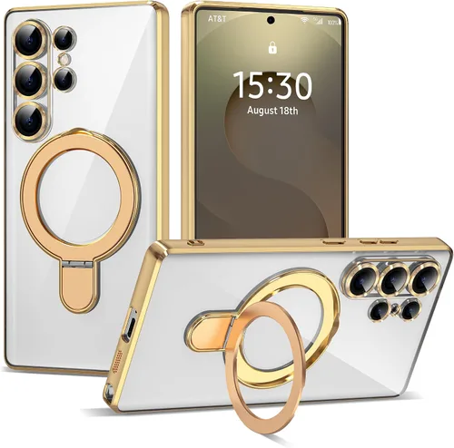 Vista 34 de Funda compatible con Samsung Galaxy S24 Plus con soporte de anillo magnético [compatible con Mag-Safe] protector de lente de cámara chapado Dorado
