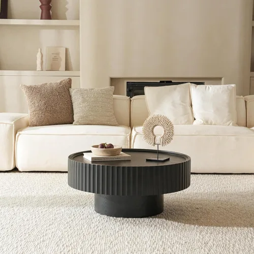 Vista 5 de Mesa auxiliar redonda, mesa de centro de 31.8 pulgadas con almacenamiento, mesa moderna de sala de estar con tambor estriado, mesas centrales