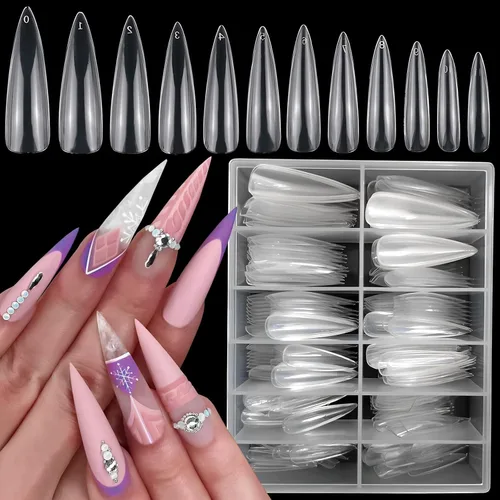 Vista 11 de LoveOurHome 240 puntas de uñas postizas XL de acrílico transparente en forma de almendra, uñas de cobertura completa, uñas postizas extralargas