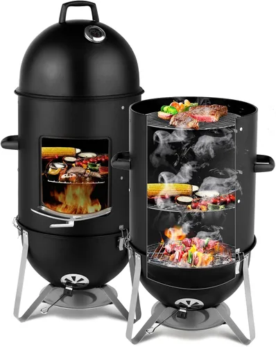 Vista 11 de VINGLI Parrilla de carbón de 18 pulgadas con ahumador de barbacoa multicapa, parrilla redonda resistente, ahumador vertical con termómetro