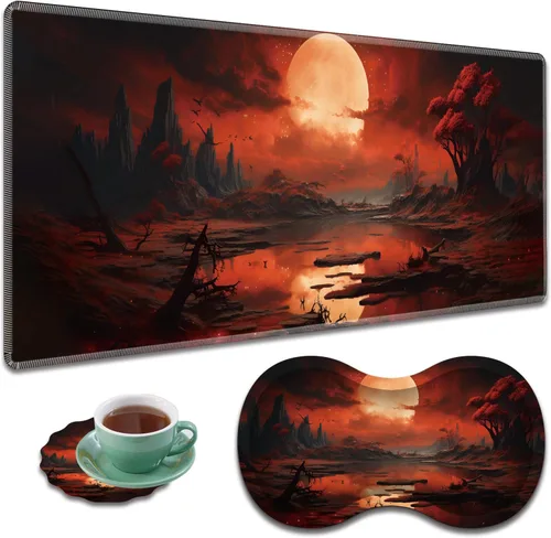 Vista 12 de Alfombrilla de mouse grande para juegos + reposamuñecas + posavasos combinados, 31.5 x 11.8 pulgadas, tapete de extensión antideslizante duradero
