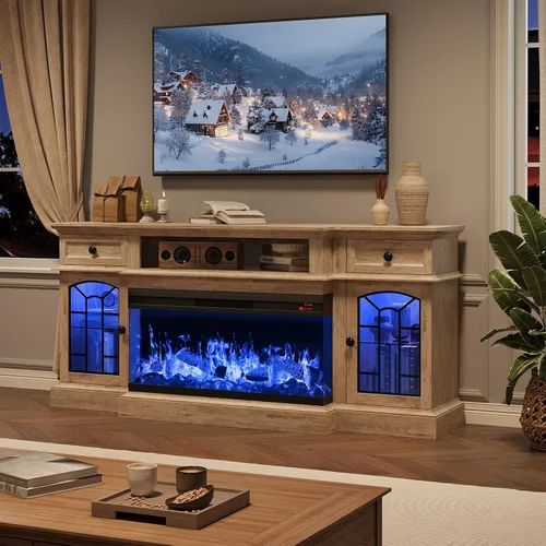 Vista 3 de QUW - Soporte de TV con chimenea estilo granja de 70 pulgadas para televisores de hasta 80 pulgadas, centro de entretenimiento con chimenea