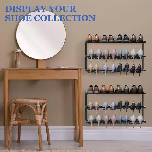 Vista 6 de Zapatero para montar en la pared, zapatero colgante de 3 niveles con capacidad para 12 pares, organizador de zapatos de metal resistente ajustable
