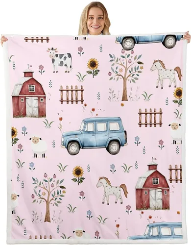 Vista 24 de Erosebridal - Mantas de bebé unisex para niños y niñas, mantas de guardería de animales de granja de minky 40x50, manta sherpa con diseño de tractor