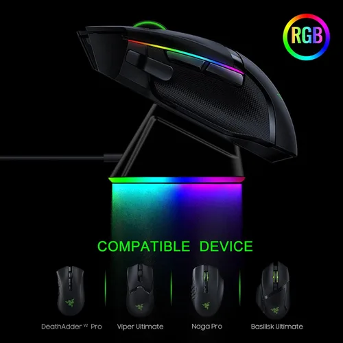 Vista 3 de Base de carga para mouse inalámbrico Razer Viper Ultimate Naga Pro DeathAdder V2 Pro y Basilisk Ultimate Magnetic Charging RGB Lights Indicador