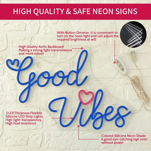 Vista 4 de Good Vibes - Letrero de neón para decoración de pared, regulable, alimentado por USB, luz de neón LED Good Vibes para fiesta y regalo
