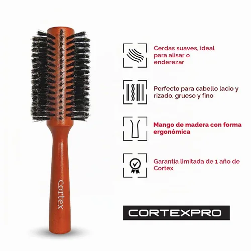 Vista 3 de Cortex Professional Cepillo térmico de cerdas de jabalí 100% natural, cepillo redondo para mujeres y hombres de pelo corto, mango de cepillos