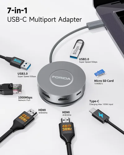 Vista 2 de Estación de acoplamiento Micro USB C Dual HDMI Monitor FORIDA USB C a USB Hub con 1 Gbps Ethernet 100W Power Delivery Lector de tarjetas Micro SD