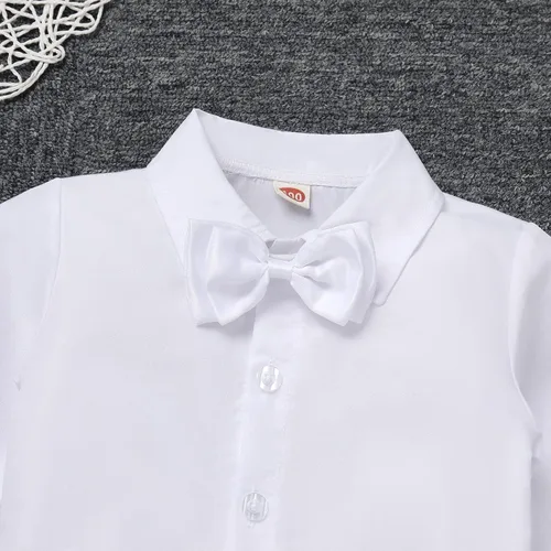 Vista 5 de Conjunto de traje formal para bebés y niños, camiseta de manga corta con lazo, tirantes, pantalones cortos, trajes de esmoquin para boda, ropa