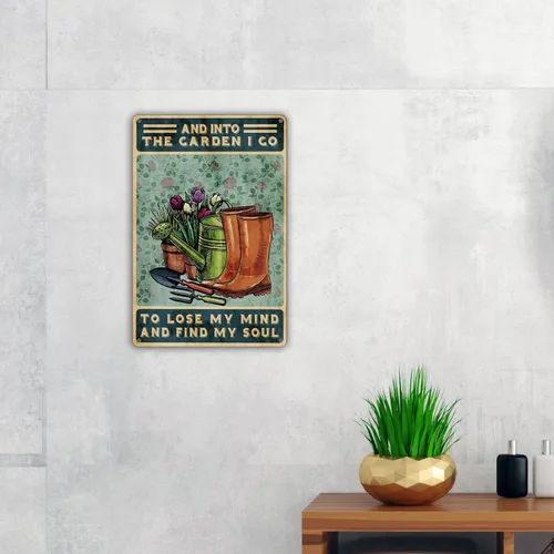 Vista 4 de Divertido Letrero de Lata de Metal para Pared Arte Decorativo - Letrero Retro "En el Jardín Voy a Perder la Mente" para Regalos de Decoración