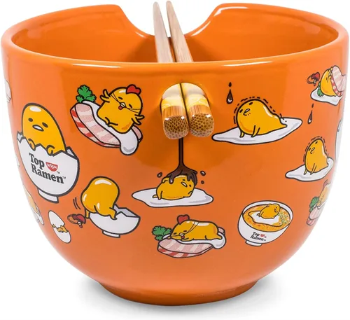 Vista 2 de Gudetama - Juego de vajilla japonesa de cerámica Incluye cuenco de ramen de 20 onzas y palillos de madera Juego de platos de comida asiática