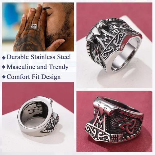Vista 2 de FaithHeart Norse Viking Jewelry - Anillo de acero inoxidable de guerrero para hombre con diseño vikingo de cabeza de lobomartillo de Thor