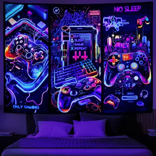 Vista 4 de Galoker Tapiz de luz negra para juegos, tapiz de controlador de juego de neón genial, tapiz reactivo a los rayos UV, tapices de pared para jugadores
