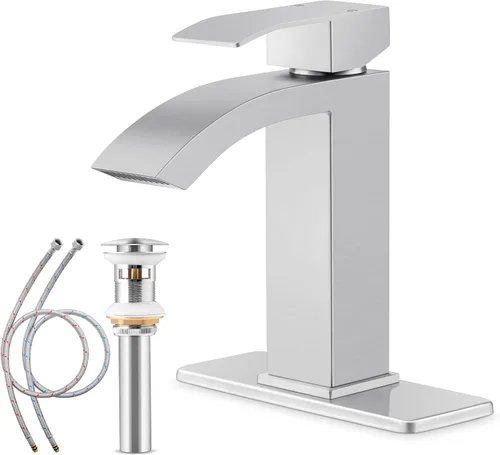 Vista 10 de Herogo Grifo de lavabo de baño, níquel cepillado de una sola manija, grifo alto de fregadero de baño con drenaje emergente y 2 líneas de suministro