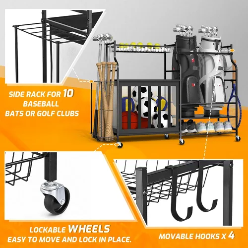 Vista 5 de PLKOW Organizador de Equipo Deportivo, Estante de Almacenamiento de Bolas para Garaje, Organizador para 2 Bolsas de Golf y Equipo Deportivo