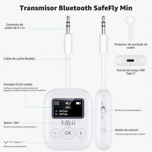 Vista 7 de 1Mii Transmisor Bluetooth 5.3 para Avión para Todos los Auriculares - Adaptador Bluetooth para TV - Conexión Dual - aptX Baja Latencia - Viaje