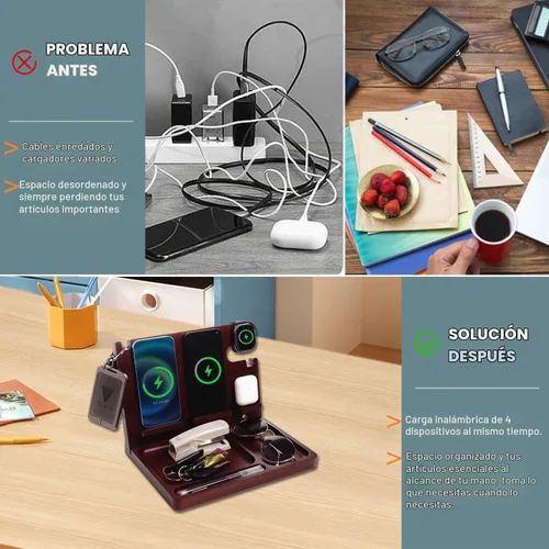 Vista 6 de Base de carga para teléfono de madera Xunhomon, estación de carga inalámbrica de 27W de carga rápida para 2 teléfonos para iOS/Android/iWatch/Air