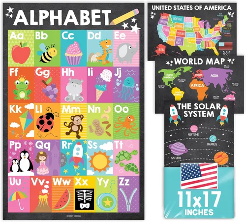 Vista 9 de Hadley Designs 4 carteles del alfabeto, mapa de Estados Unidos, mapa del mundo y sistema solar, gráficos ABC laminados para decoración de pared