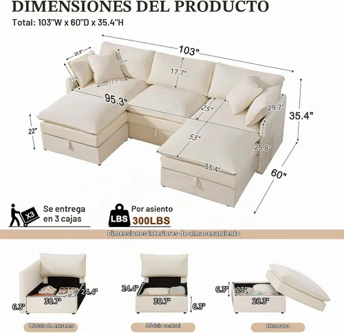 Vista 3 de Ihanherry Sofá modular de 103 pulgadas con almacenamiento, sofá de nube en forma de U con otomanas móviles y 4 almohadas, sofás seccionales
